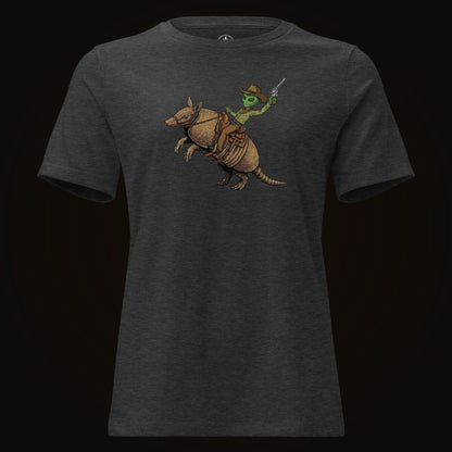 Dark Grey Heather tee with the Alien Cowboy Armadillo Rider graphic