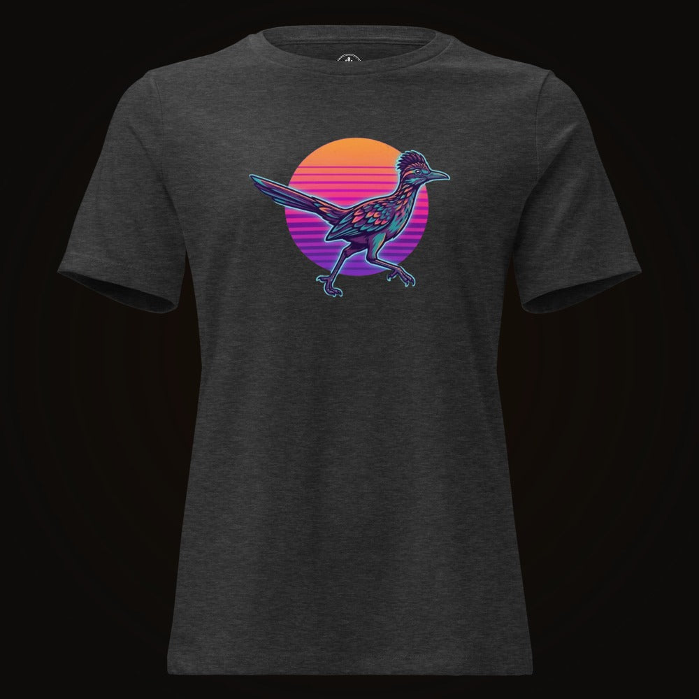 Dark Grey Heather tee with the Synthwave Roadrunner Sunset graphic