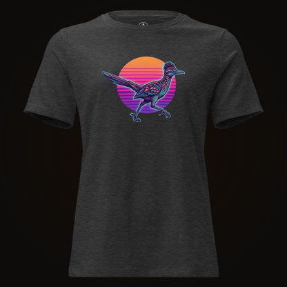 Dark Grey Heather tee with the Synthwave Roadrunner Sunset graphic