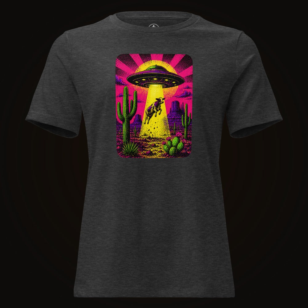 Dark Grey Heather tee with the Neon Cow Abduction graphic