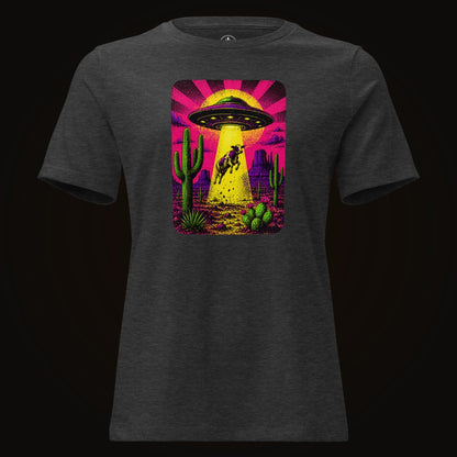 Dark Grey Heather tee with the Neon Cow Abduction graphic