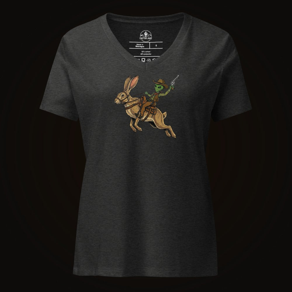 Dark Grey Heather V-neck tee with the Alien Cowboy on a Desert Hare graphic