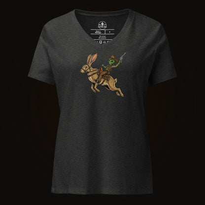 Dark Grey Heather V-neck tee with the Alien Cowboy on a Desert Hare graphic