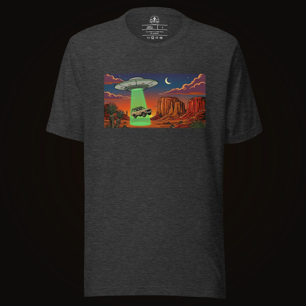 Dark Grey Heather tee with the Desert Abduction Cruiser graphic