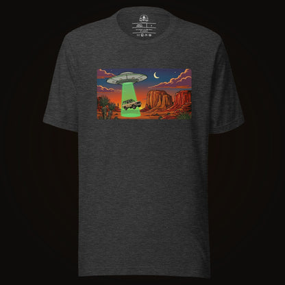 Dark Grey Heather tee with the Desert Abduction Cruiser graphic