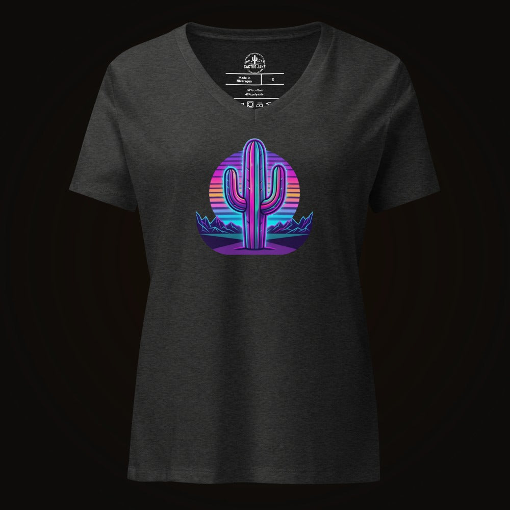 Dark Grey Heather V-neck tee with the 80S Neon Gradient Saguaro graphic