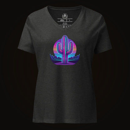 Dark Grey Heather V-neck tee with the 80S Neon Gradient Saguaro graphic