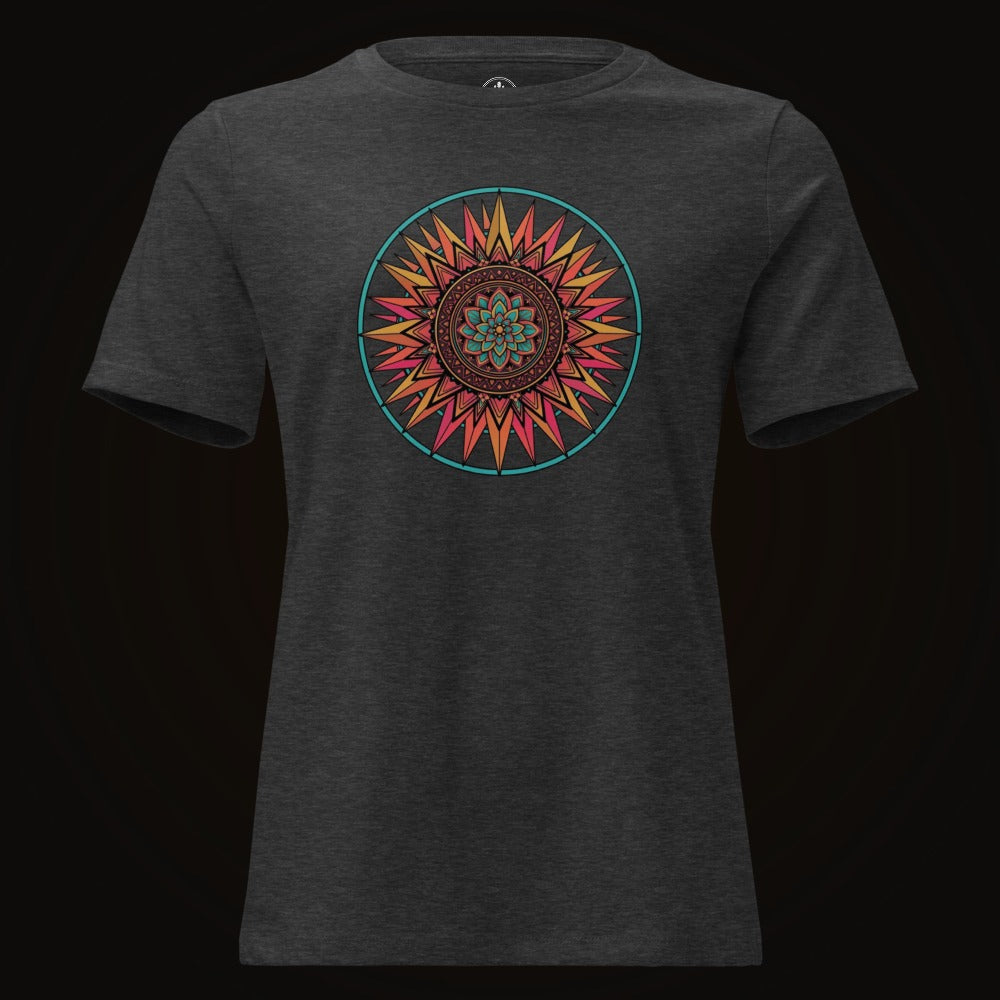 Dark Grey Heather tee with the Teal Ring Sunset Mandala graphic