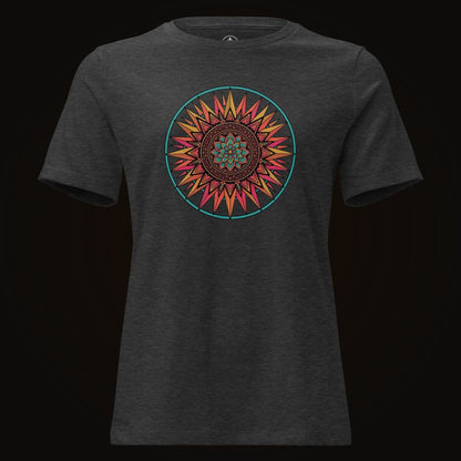 Dark Grey Heather tee with the Teal Ring Sunset Mandala graphic