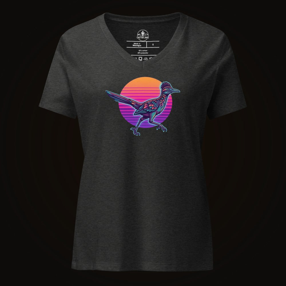 Dark Grey Heather V-neck tee with the Synthwave Roadrunner Sunset graphic