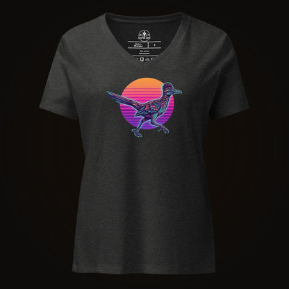 Dark Grey Heather V-neck tee with the Synthwave Roadrunner Sunset graphic