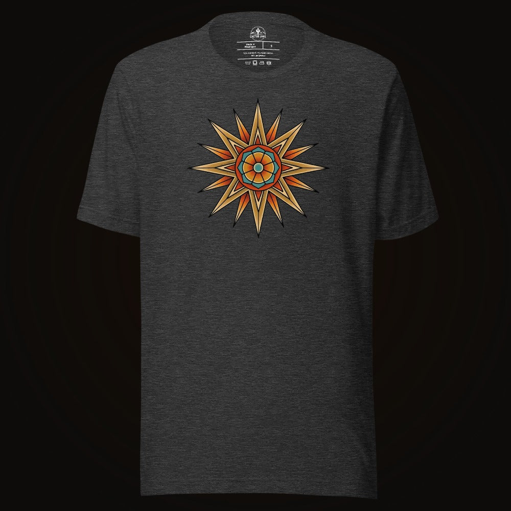 Dark Grey Heather tee with the Compass Star Mandala graphic