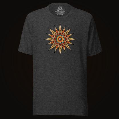 Dark Grey Heather tee with the Compass Star Mandala graphic