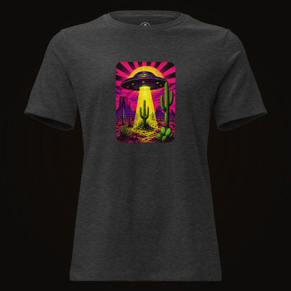 Dark Grey Heather tee with the Neon Beam Desert UFO graphic