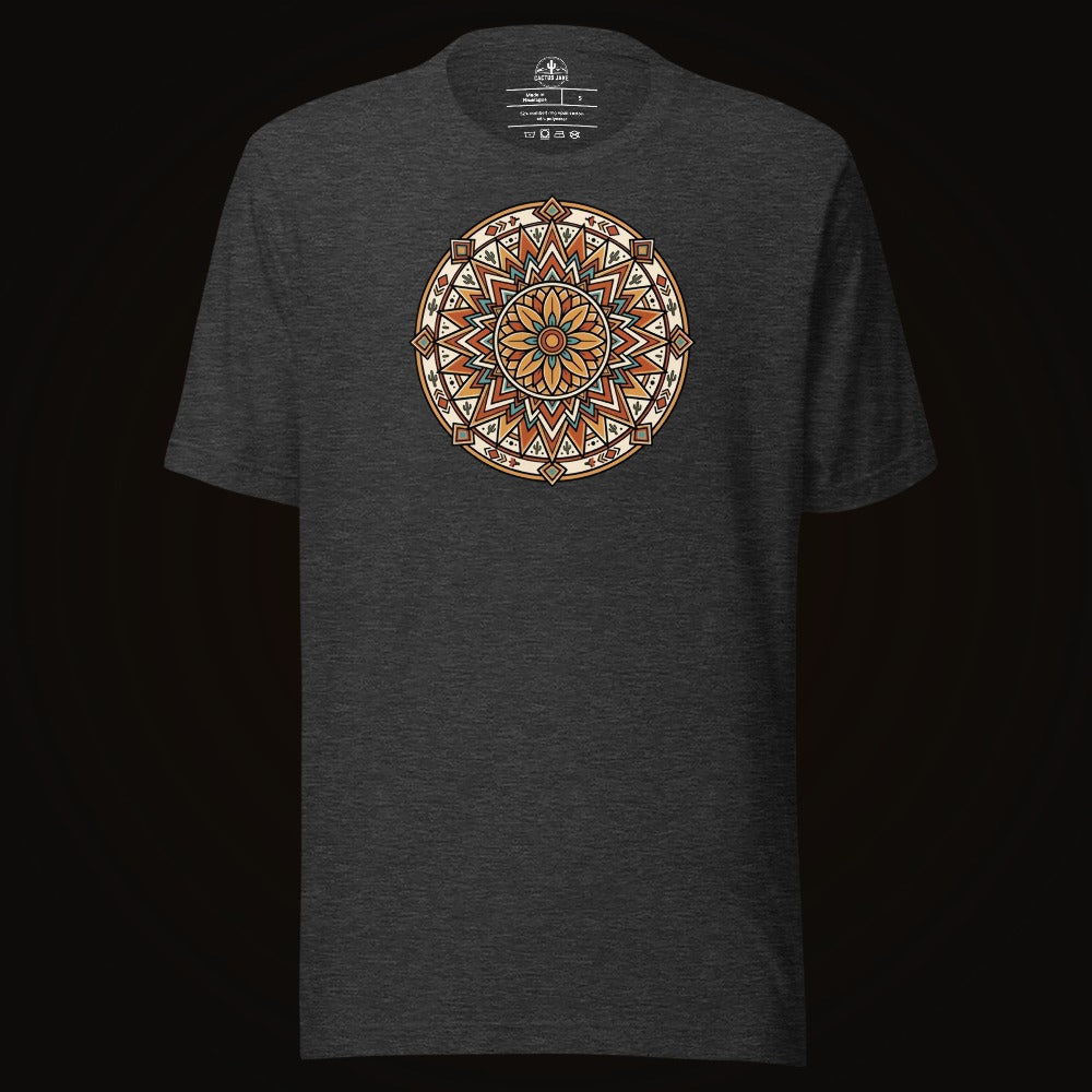 Dark Grey Heather tee with the Desert Sunburst Mandala graphic