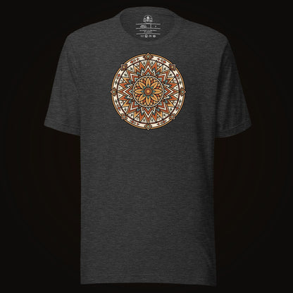 Dark Grey Heather tee with the Desert Sunburst Mandala graphic