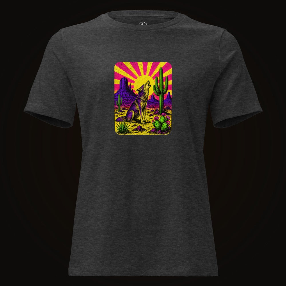 Dark Grey Heather tee with the Neon Sunburst Howling Coyote graphic
