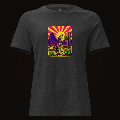 Dark Grey Heather tee with the Neon Sunburst Howling Coyote graphic