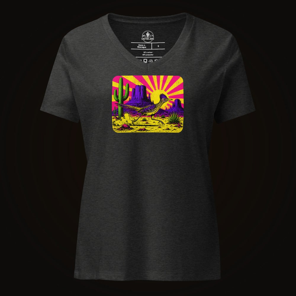 Dark Grey Heather V-neck tee with the Neon Roadrunner Monument Valley graphic