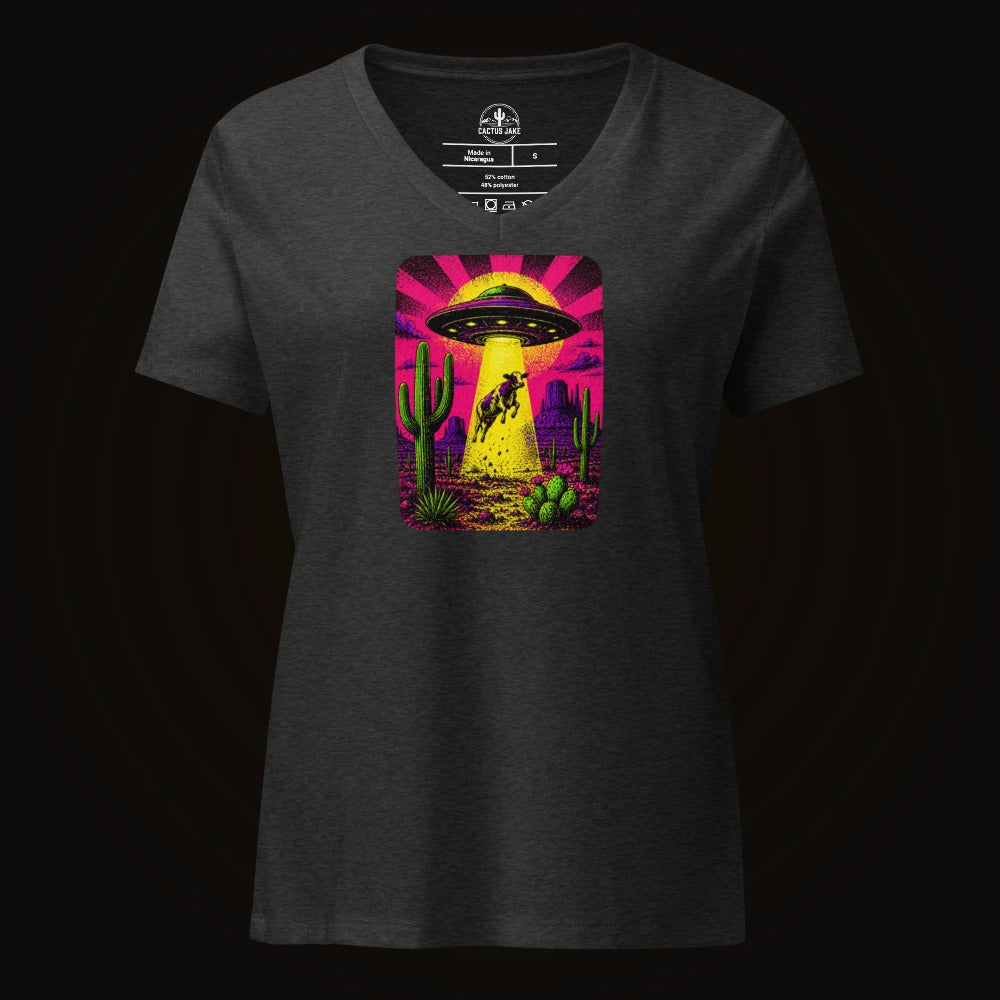Dark Grey Heather V-neck tee with the Neon Cow Abduction graphic
