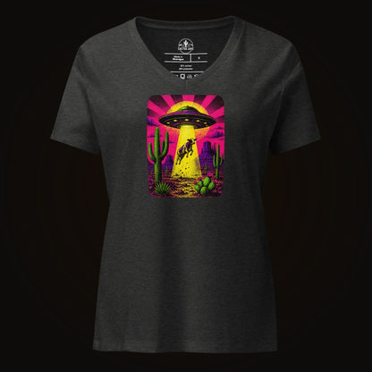 Dark Grey Heather V-neck tee with the Neon Cow Abduction graphic