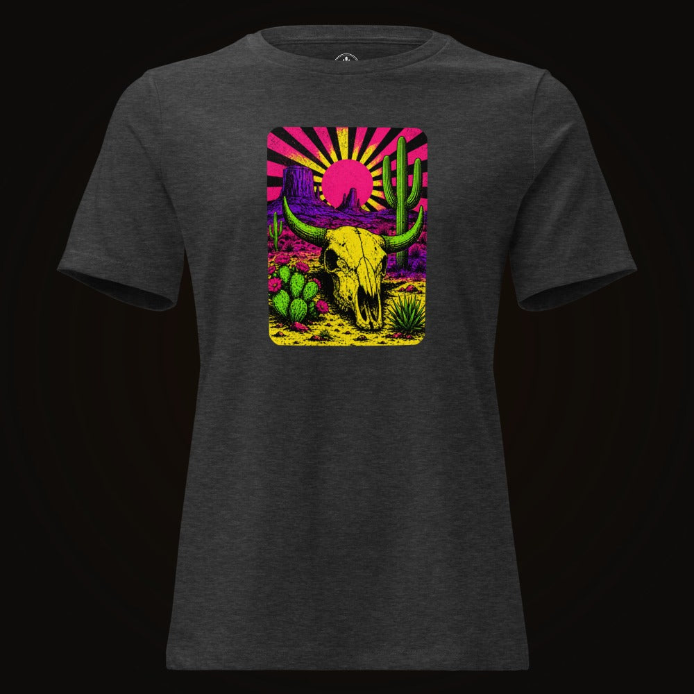 Dark Grey Heather tee with the Neon Skull Sunburst Desert graphic