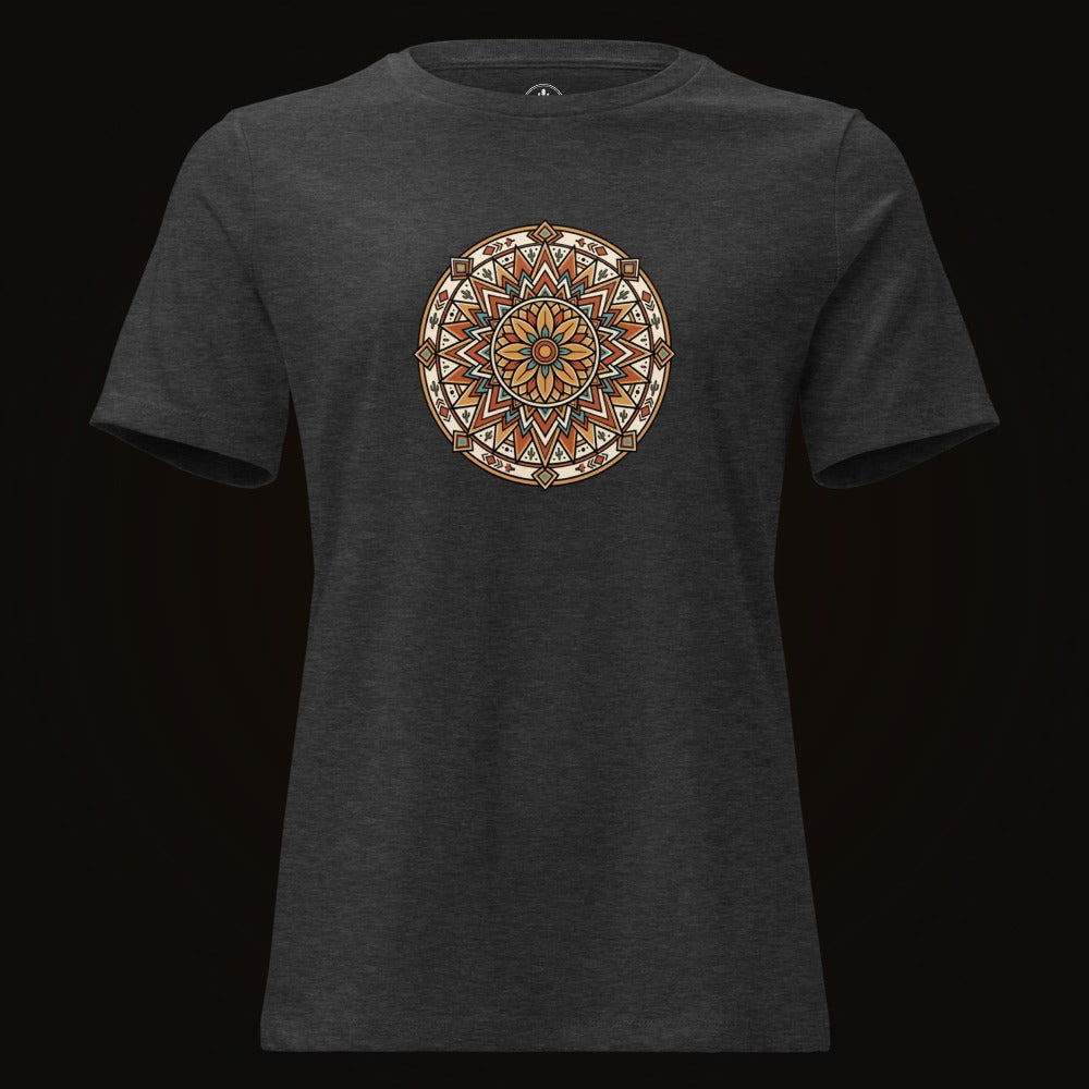 Dark Grey Heather tee with the Desert Bloom Mandala graphic