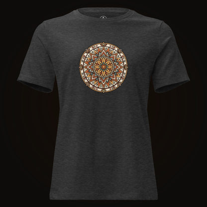 Dark Grey Heather tee with the Desert Bloom Mandala graphic
