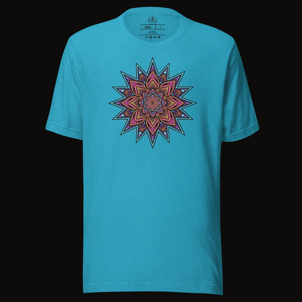 Heather Aqua tee with the Neon Burst Mandala graphic