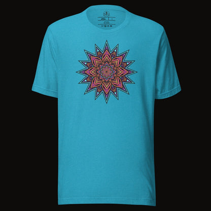 Heather Aqua tee with the Neon Burst Mandala graphic