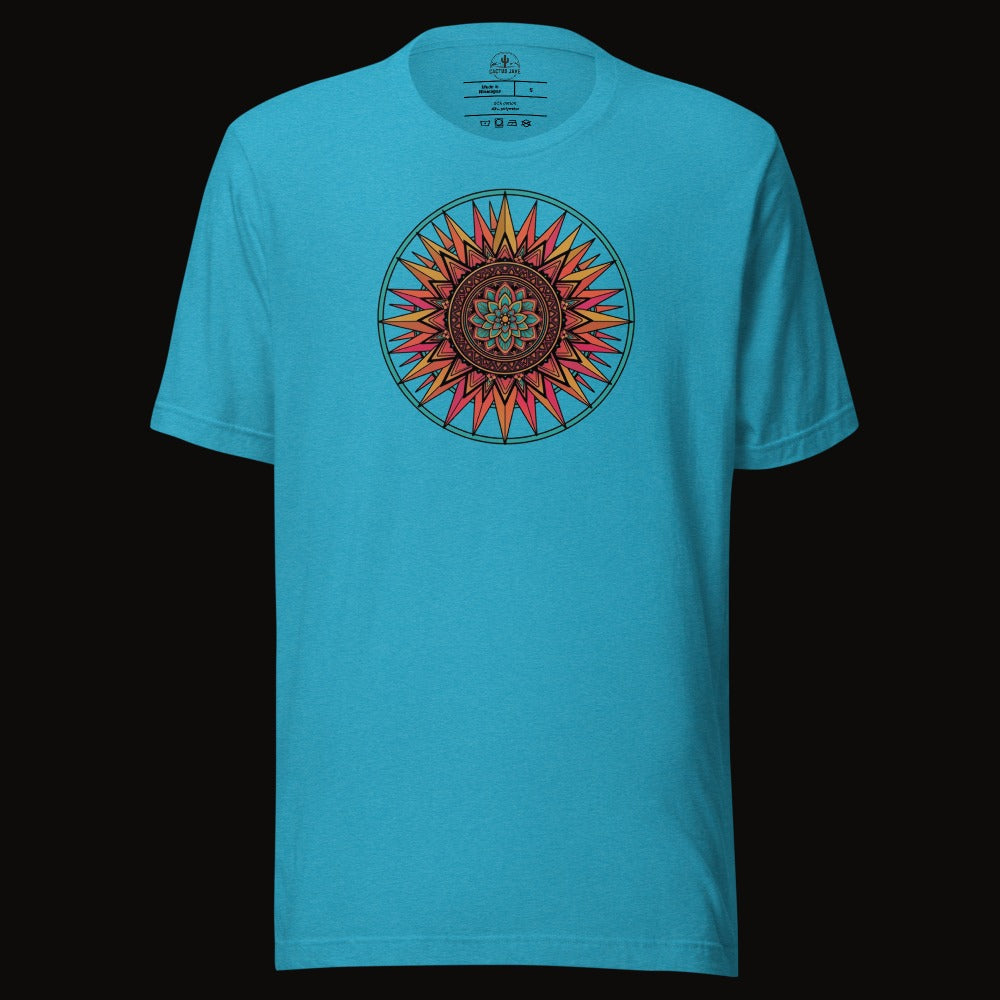 Heather Aqua tee with the Sunset Mandala graphic