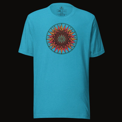 Heather Aqua tee with the Sunset Mandala graphic