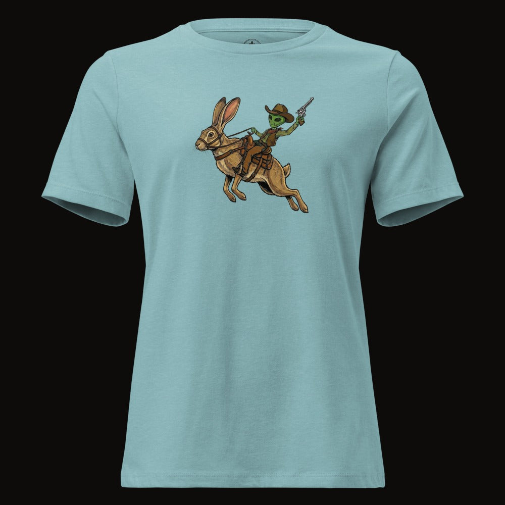 Heather Blue Lagoon tee with the Alien Cowboy Jack Rabbit graphic
