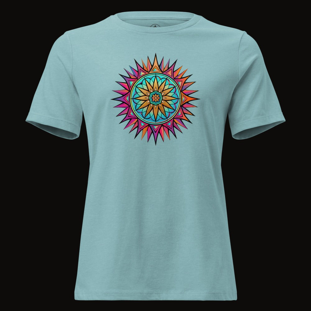 Heather Blue Lagoon tee with the Neon Gradient Mandala graphic