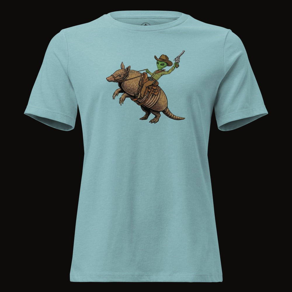 Heather Blue Lagoon tee with the Alien Cowboy Armadillo Rider graphic
