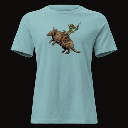Heather Blue Lagoon tee with the Alien Cowboy Armadillo Rider graphic