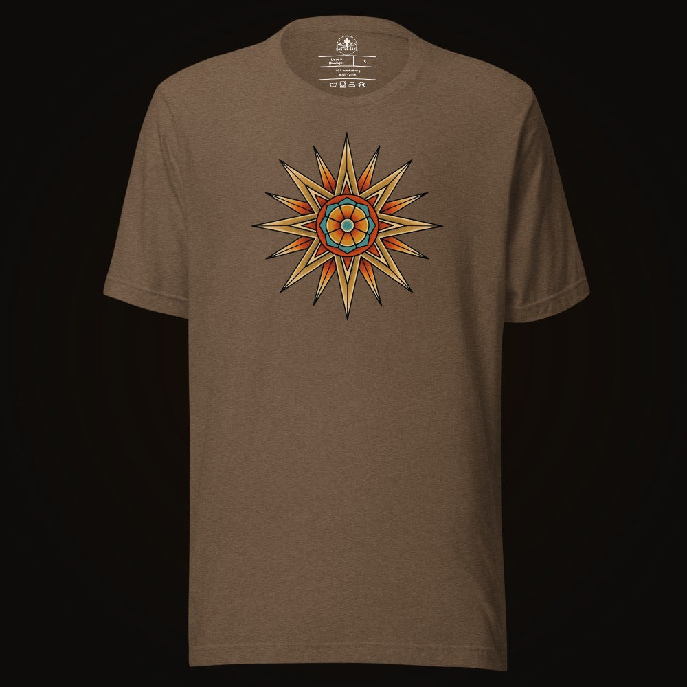Heather Brown tee with the Compass Star Mandala graphic