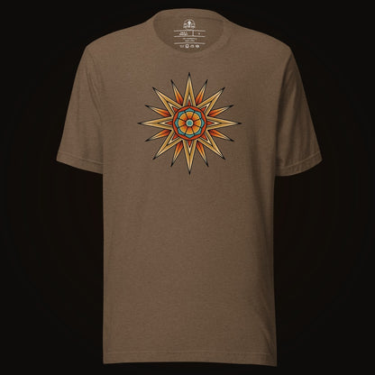 Heather Brown tee with the Compass Star Mandala graphic