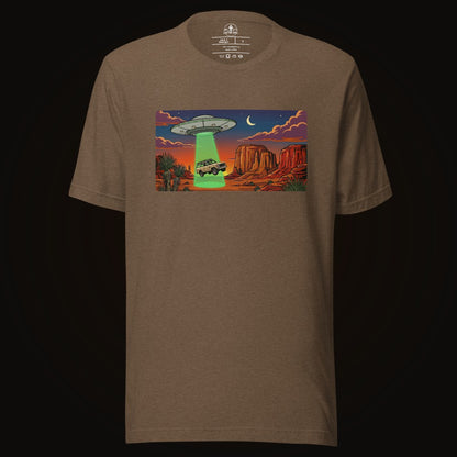 Heather Brown tee with the Desert Abduction Cruiser graphic