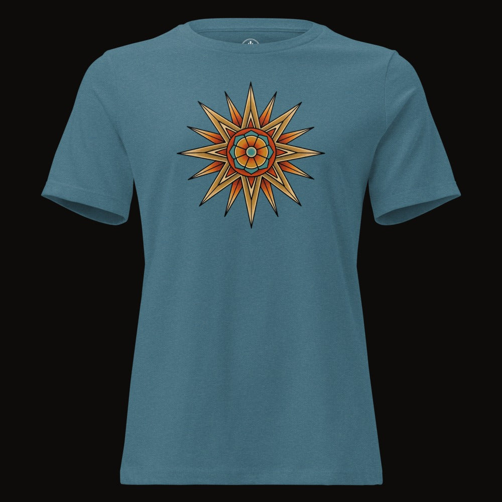 Heather Deep Teal tee with the Desert Mandala Star graphic