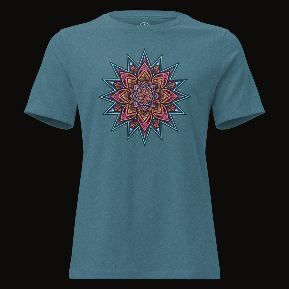 Heather Deep Teal tee with the Neon Mandala Star graphic