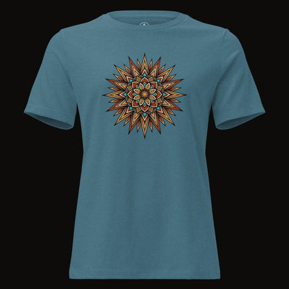 Heather Deep Teal tee with the Desert Sun Mandala graphic