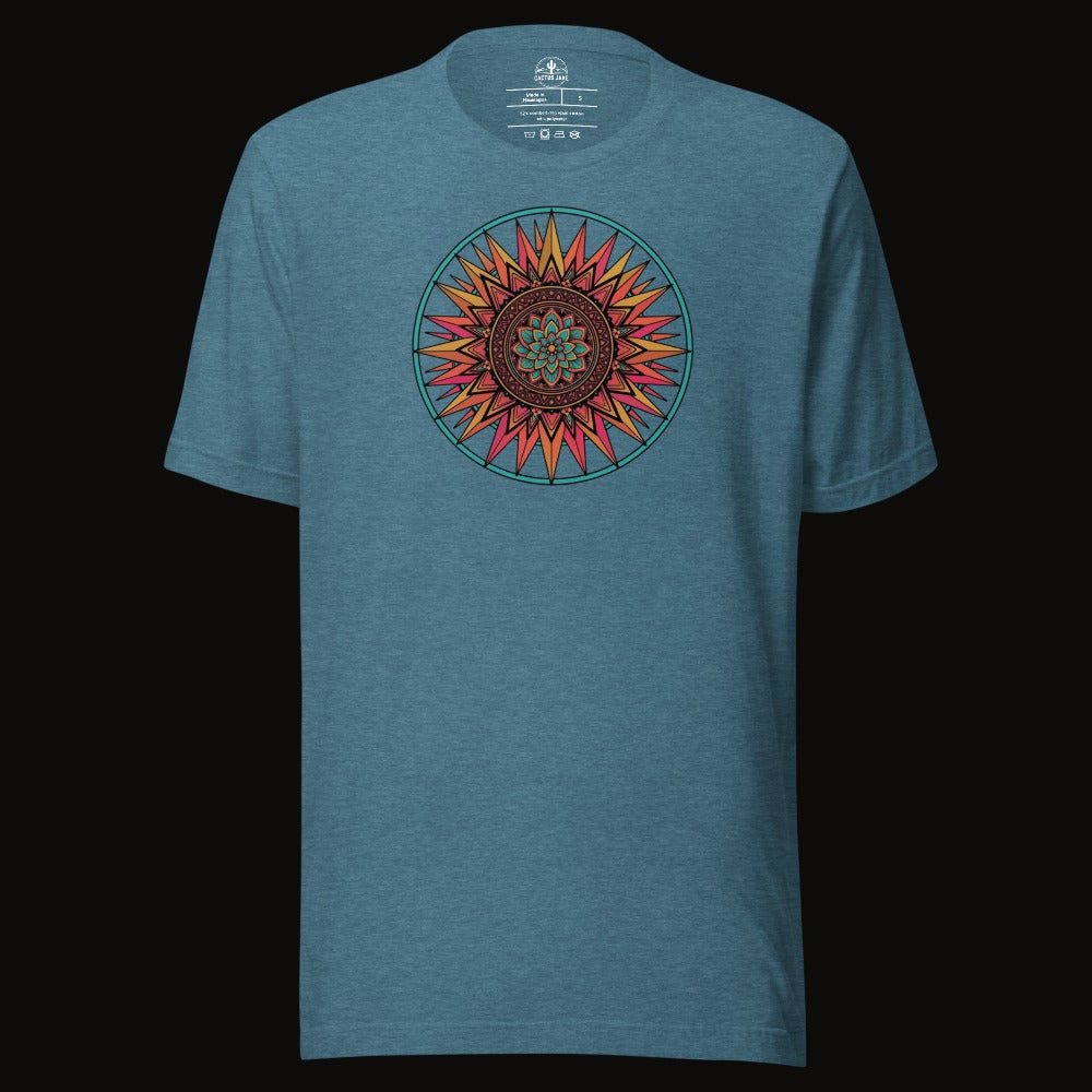 Heather Deep Teal tee with the Sunset Mandala graphic