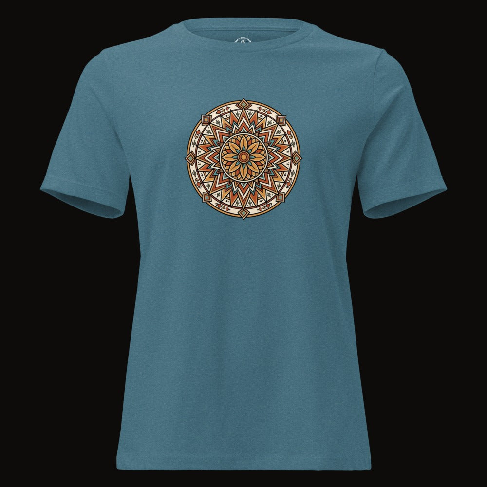 Heather Deep Teal tee with the Desert Bloom Mandala graphic