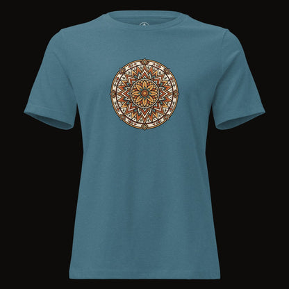 Heather Deep Teal tee with the Desert Bloom Mandala graphic