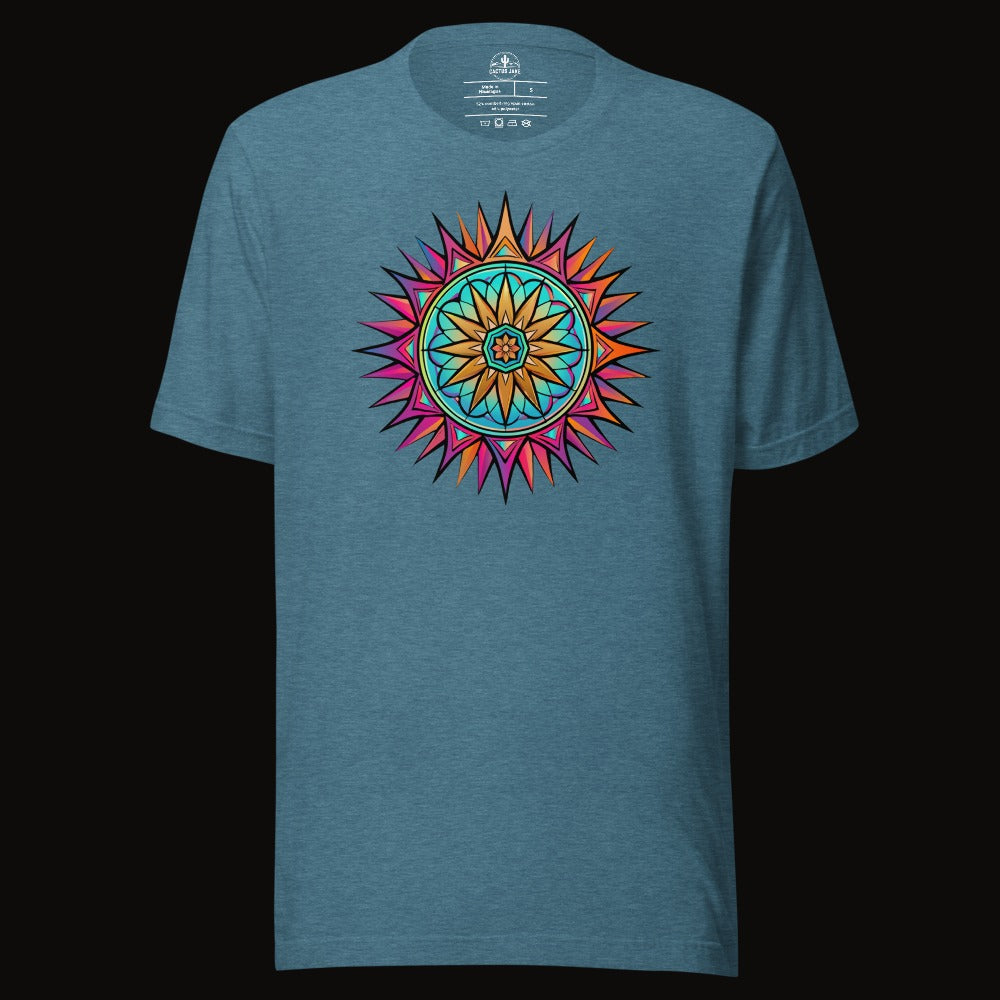 Heather Deep Teal tee with the Neon Gradient Mandala graphic