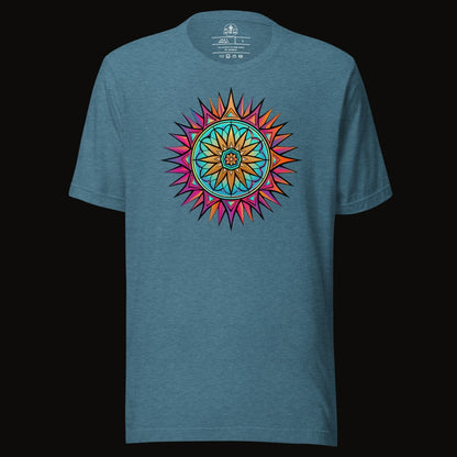 Heather Deep Teal tee with the Neon Gradient Mandala graphic