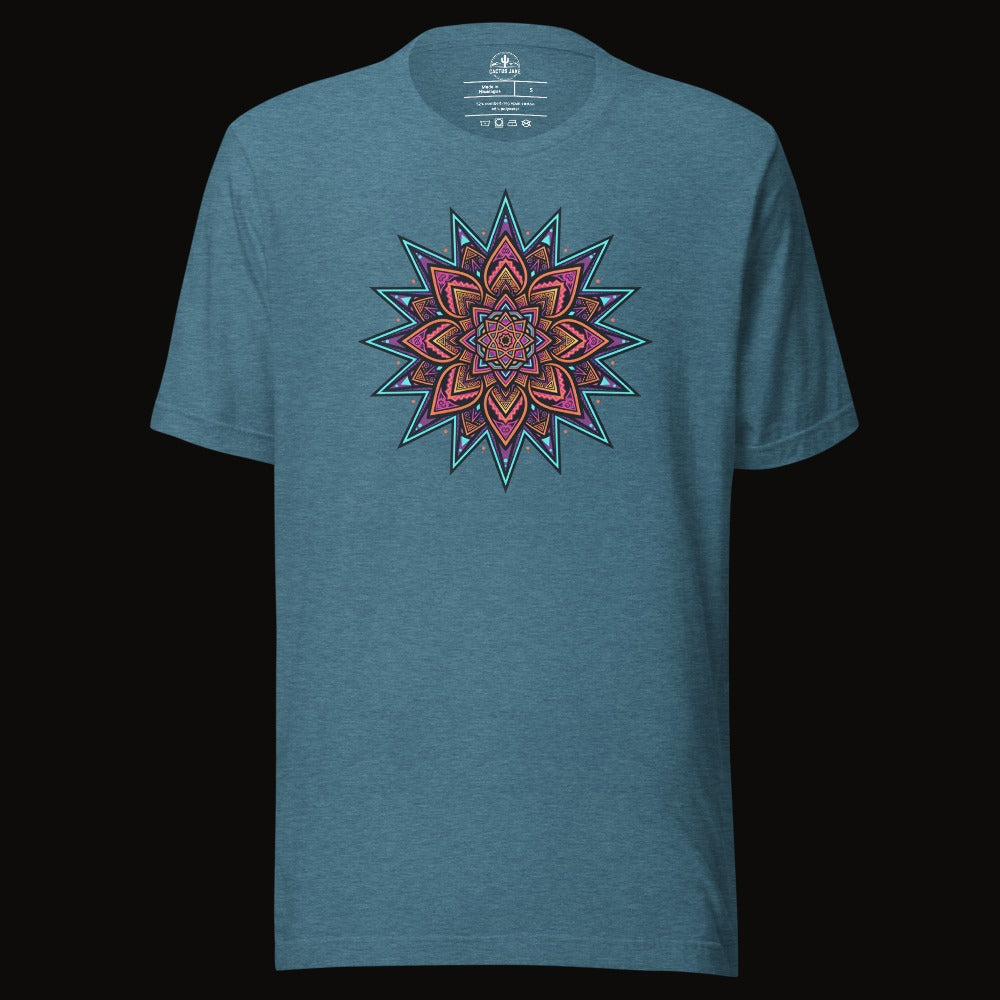Heather Deep Teal tee with the Neon Burst Mandala graphic