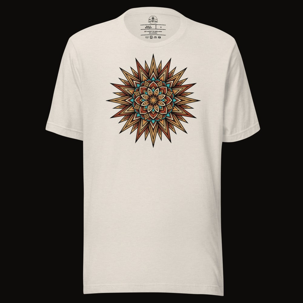 Heather Dust tee with the Turquoise Burst Mandala graphic