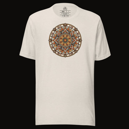 Heather Dust tee with the Desert Sunburst Mandala graphic